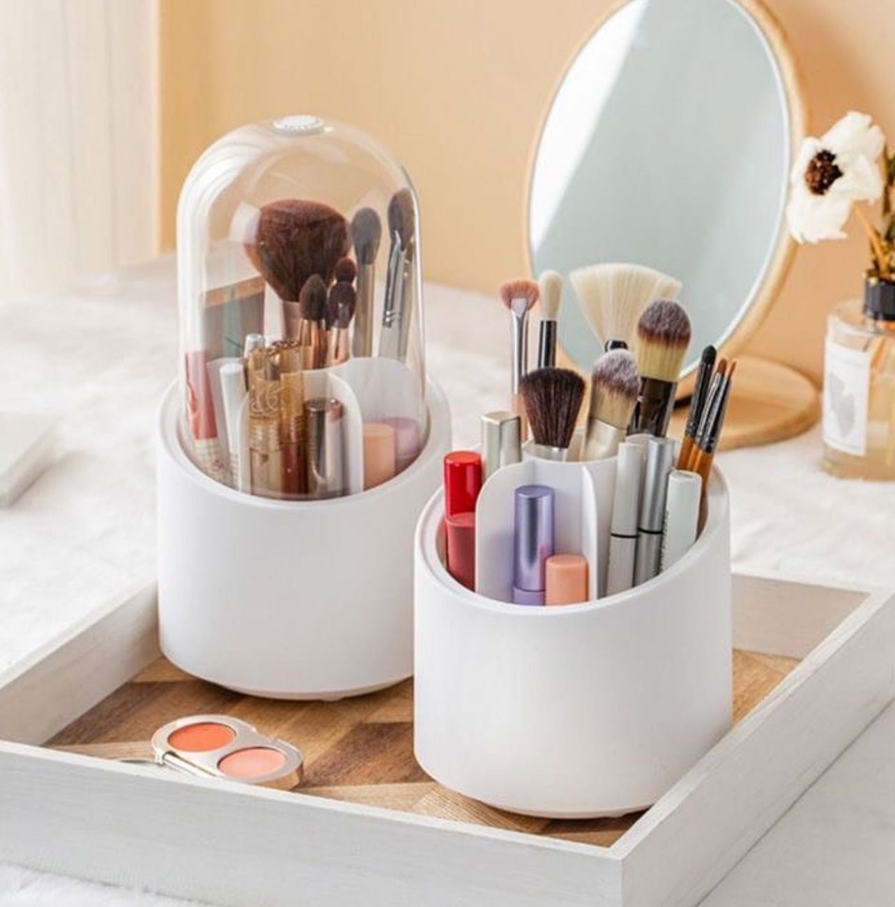 Rotating Makeup Brush Holder with Dustproof Lid | Cosmetic Brush Case | Countertop Brushes Holder