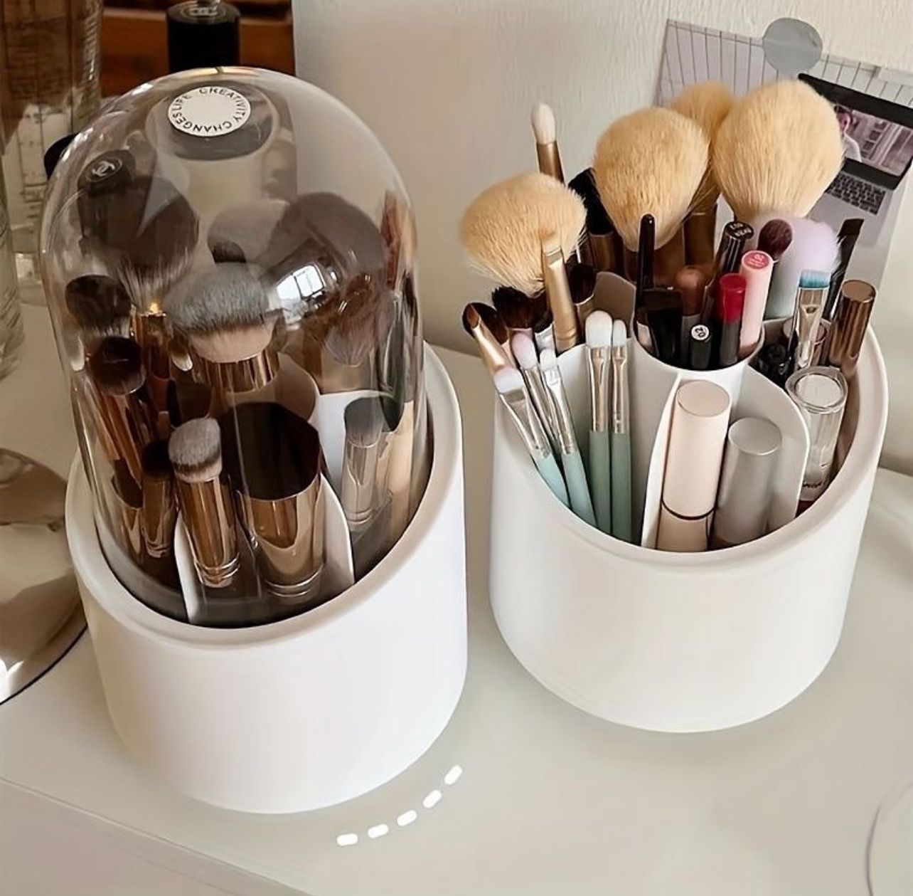 Rotating Makeup Brush Holder with Dustproof Lid | Cosmetic Brush Case | Countertop Brushes Holder